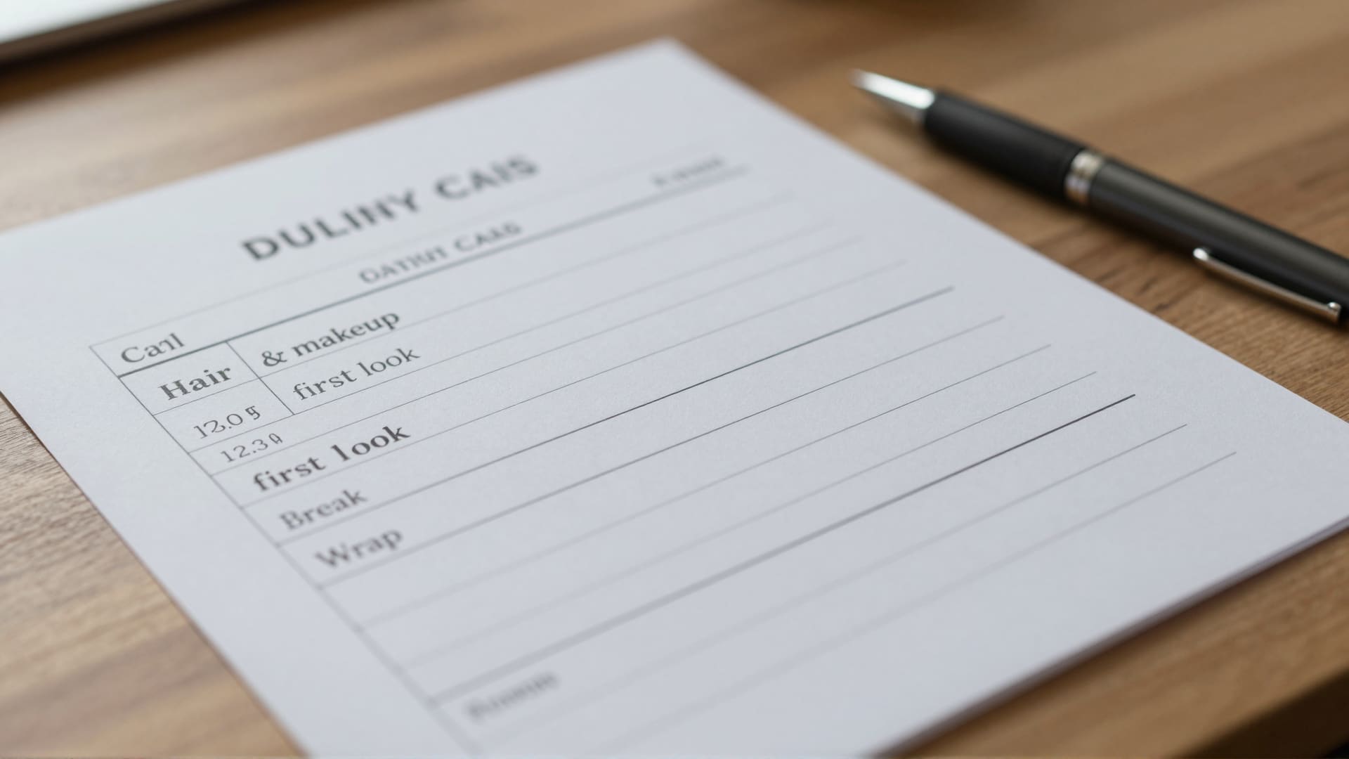 A printed call sheet with times and activities listed, resting on a table next to a pen.