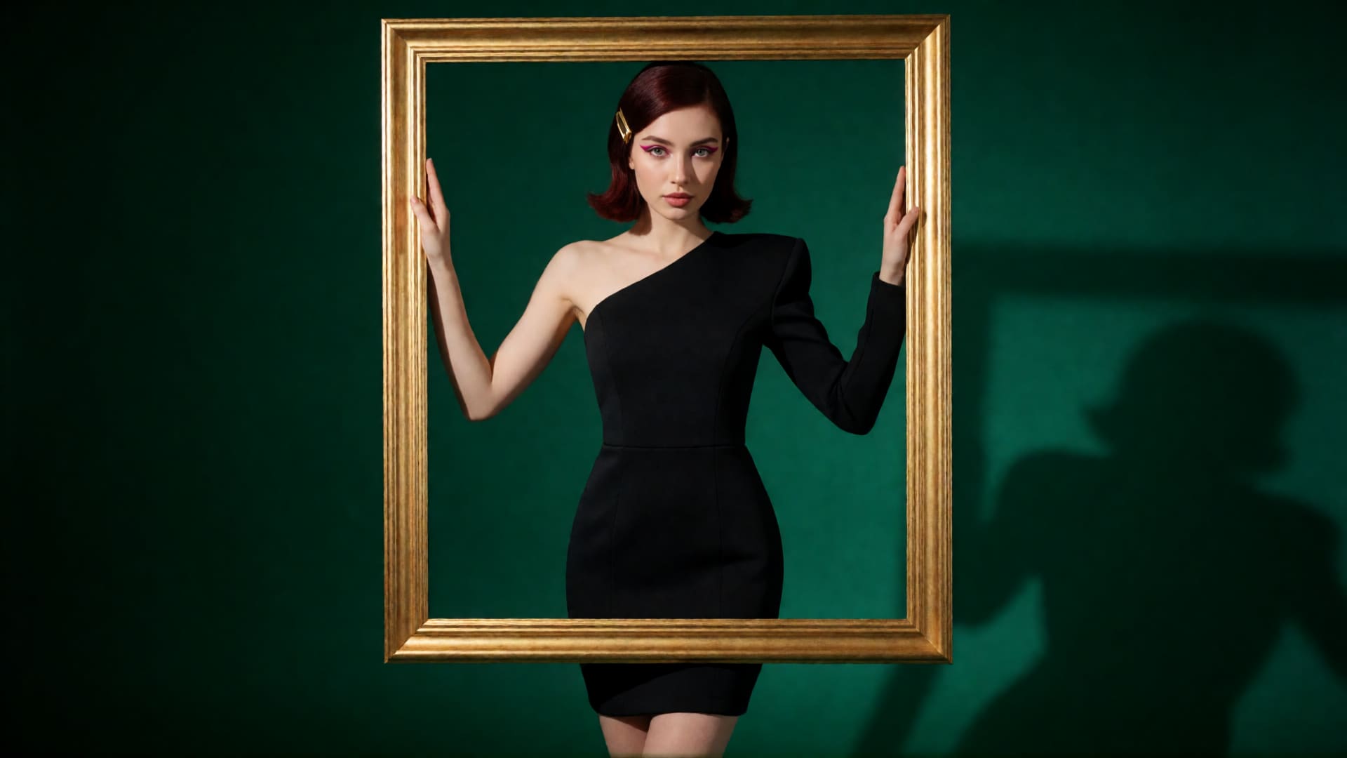A young Ukrainian woman with a dark auburn bob stands inside a large gold picture frame against a deep emerald background, wearing a black neoprene mini dress and magenta graphic eyeliner, as if pushing her way out of the frame.