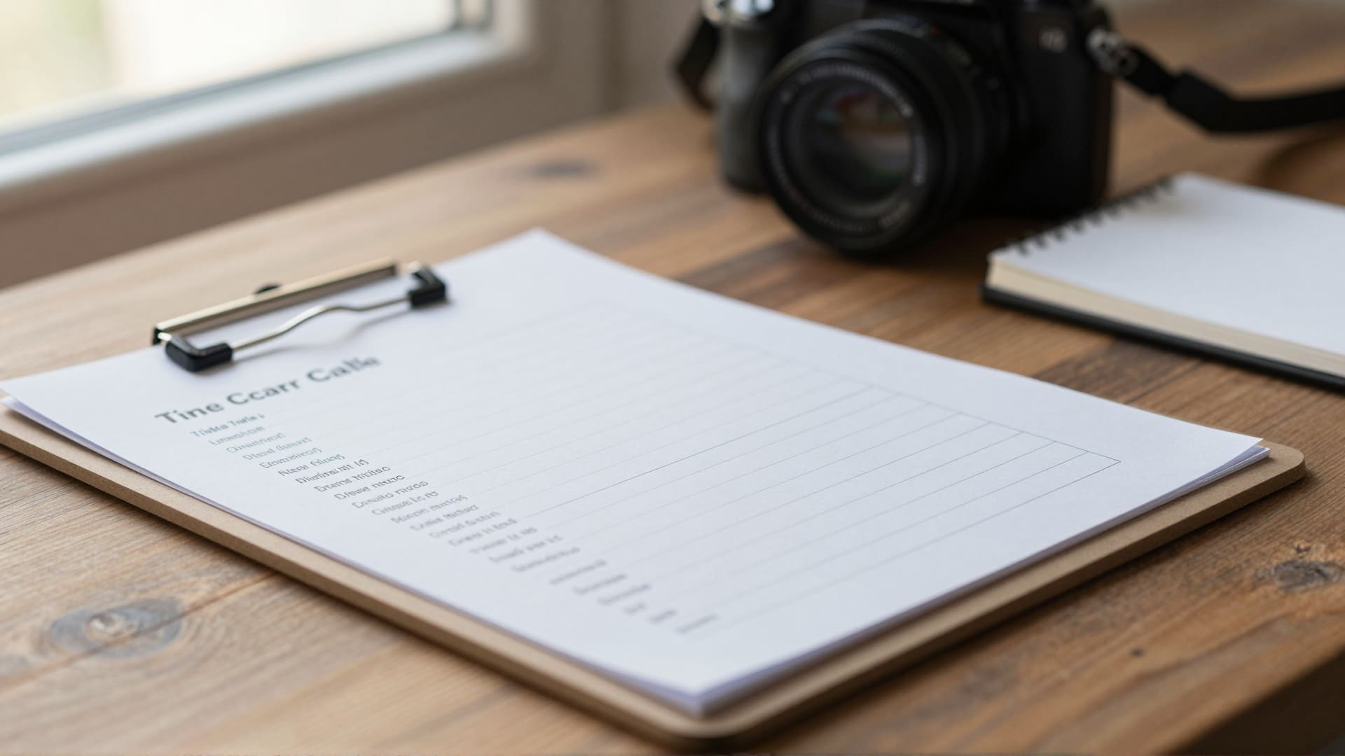 A call sheet on a clipboard next to a camera on a studio table