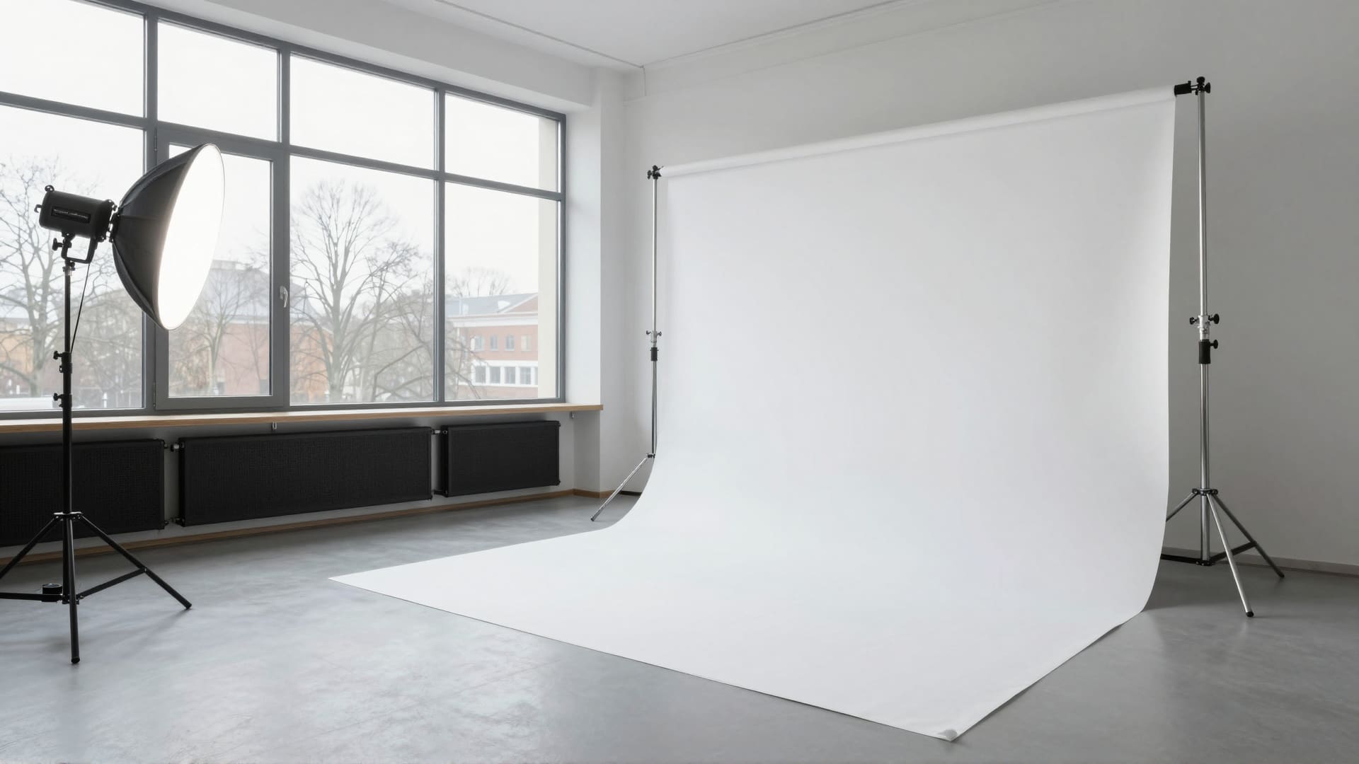 An empty Berlin photo studio with large windows and a white backdrop stand