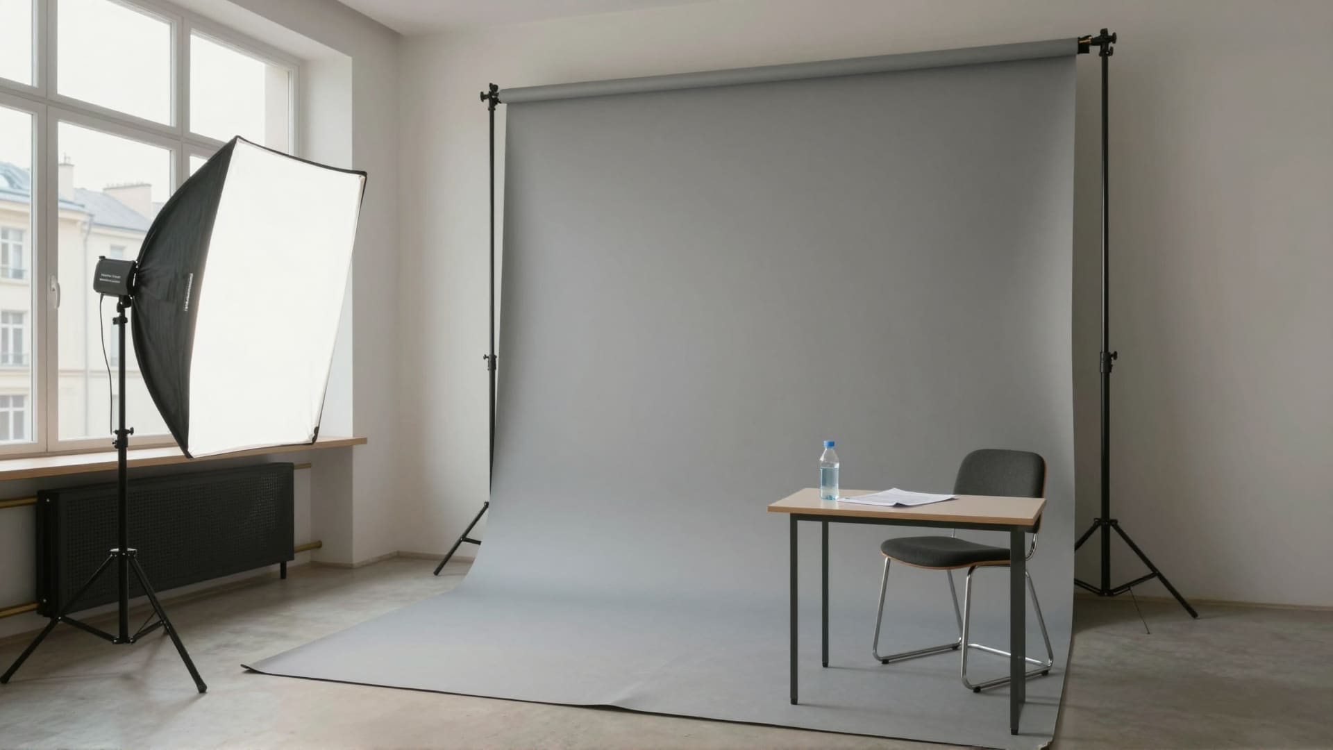 An empty photography studio with large windows and a seamless backdrop